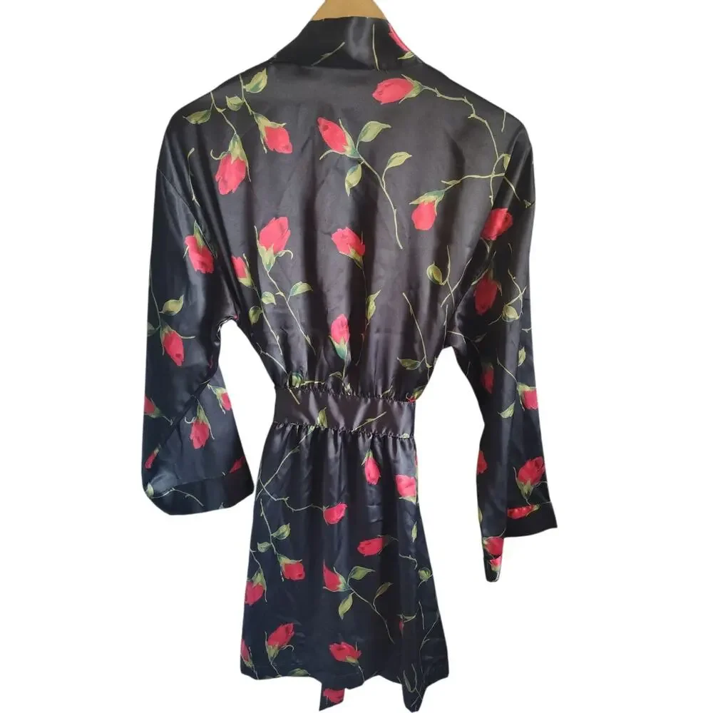 Vintage Y2K 2002 Victoria’s Secret Satin Rose Floral Robe One Size Black